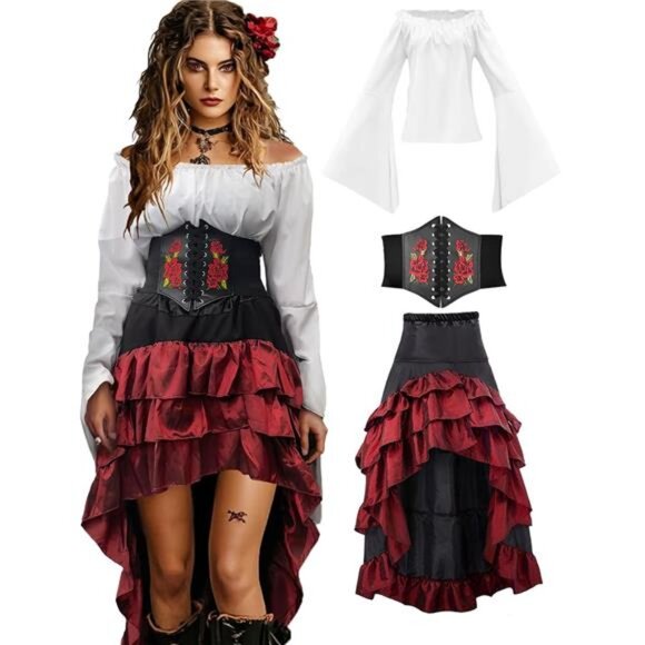 Other - Pirate Costume Women Outfit with Renaissance Pirate Shirt Skirt Corset